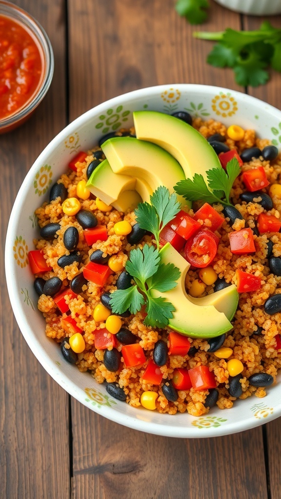A colorful bowl of Mexican quinoa with black beans, corn, bell peppers, garnished with cilantro and avocado.